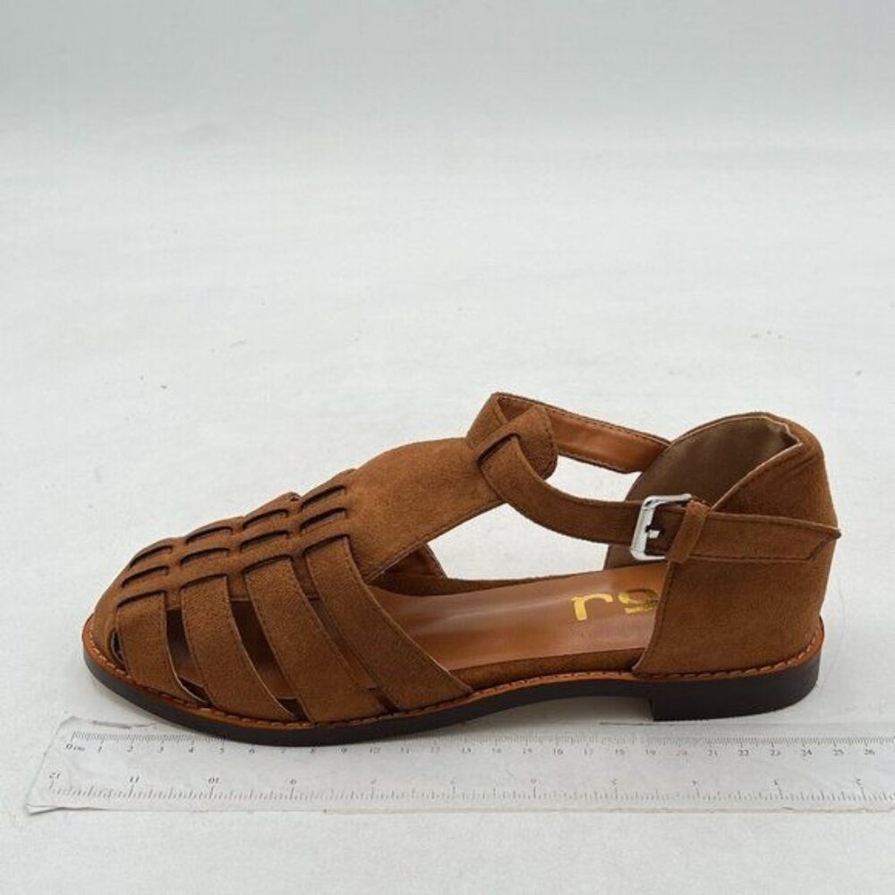 FSJ Brown Suede Closed Toe Sandals Low Block Heel Woven Roman Ankle Strap Shoes